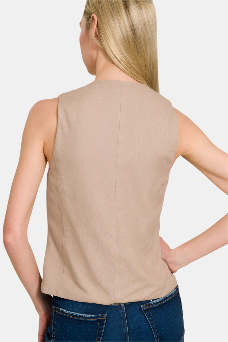 Linen 5 Button Vest / SAND BEIGE