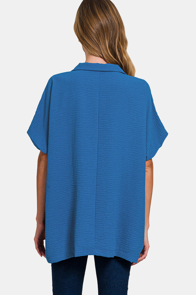 Woven Airflow Collared V-Neck Top / BLACK