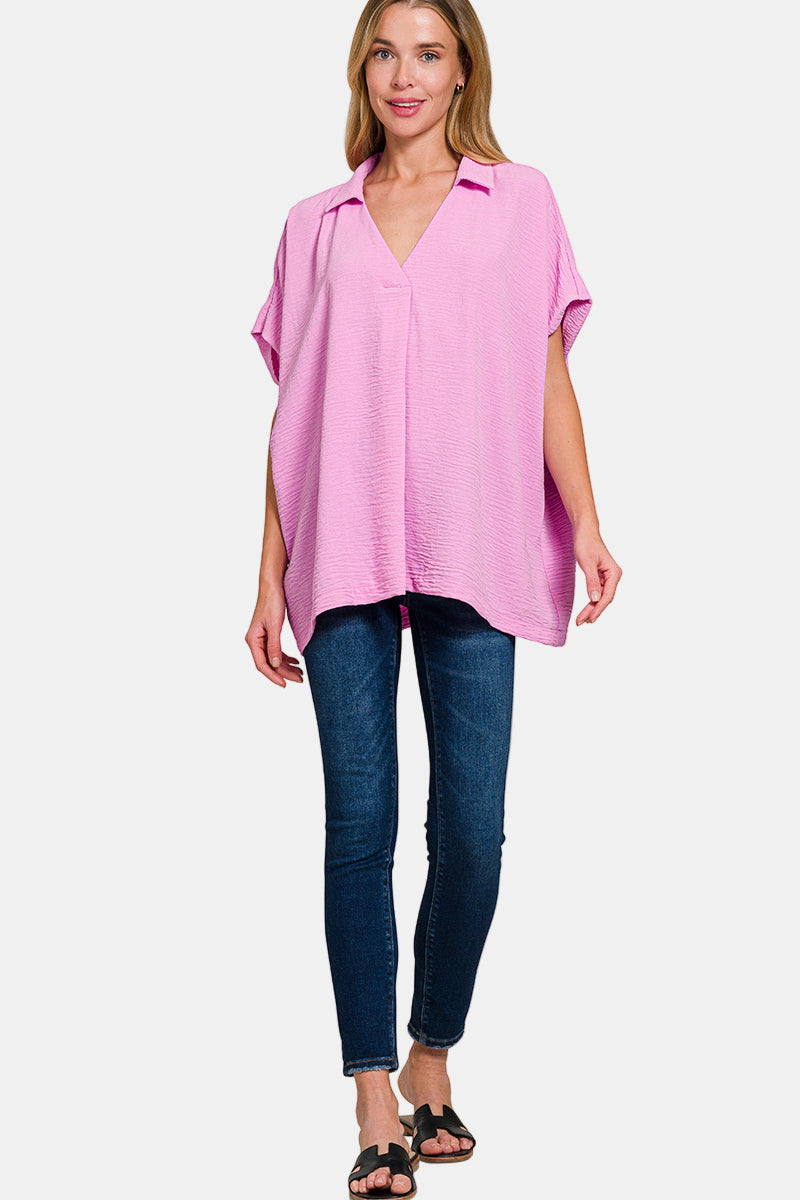 Woven Airflow Collared V-Neck Top / BLACK