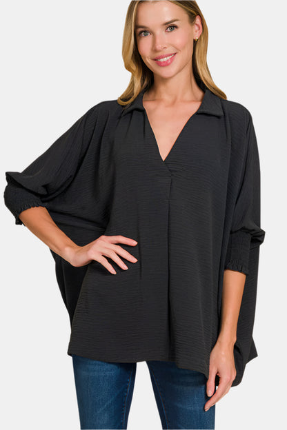Airflow Collar Tee with Smocked Sleeve Band Top / BLACK