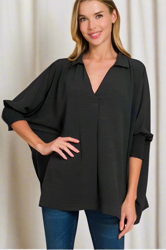 Airflow Collar Tee with Smocked Sleeve Band Top / BLACK