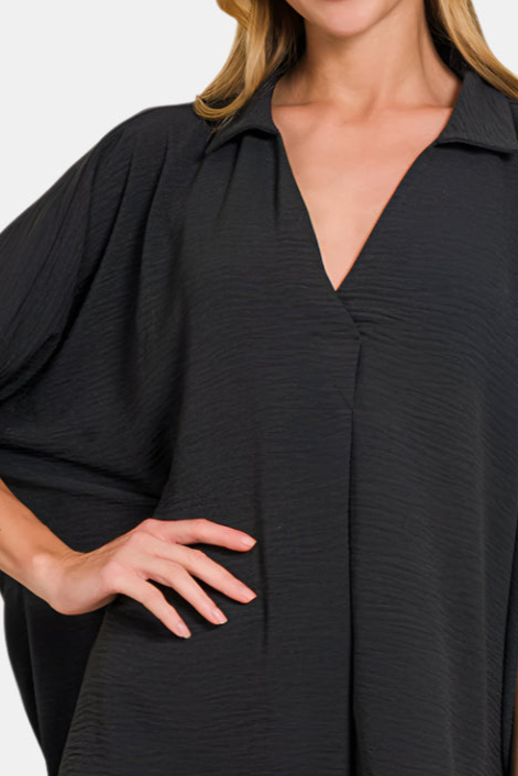 Airflow Collar Tee with Smocked Sleeve Band Top / BLACK