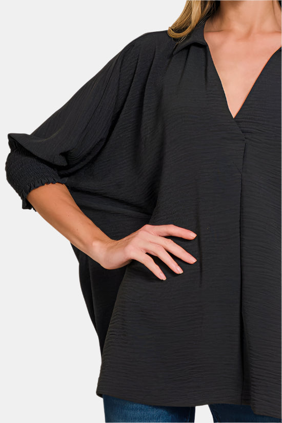 Airflow Collar Tee with Smocked Sleeve Band Top / BLACK
