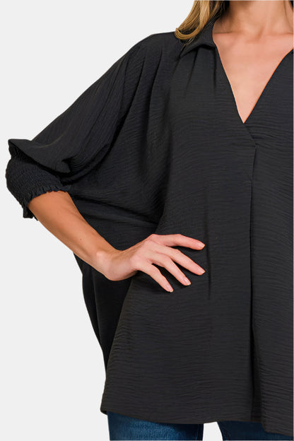 Airflow Collar Tee with Smocked Sleeve Band Top / BLACK