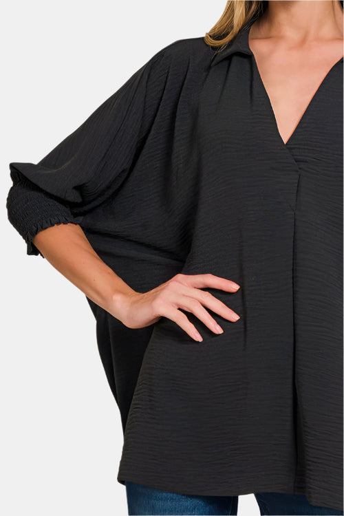 Airflow Collar Tee with Smocked Sleeve Band Top / BLACK