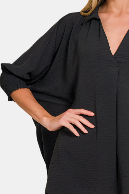 Airflow Collar Tee with Smocked Sleeve Band Top / BLACK