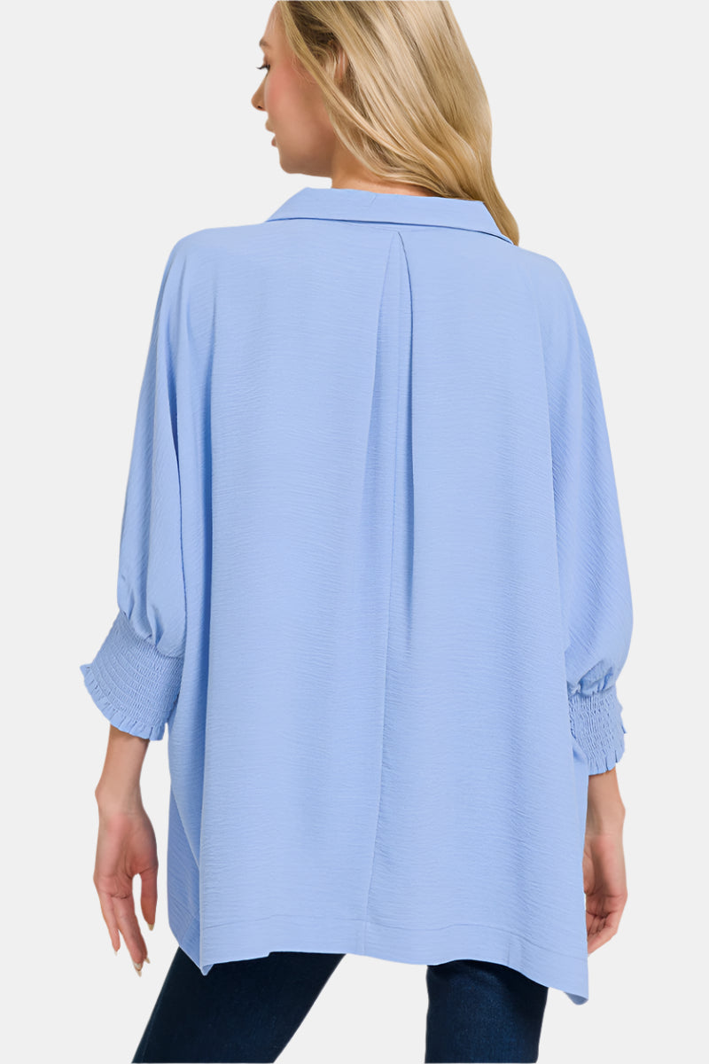 Airflow Collar Tee with Smocked Sleeve Band Top / TOMATO