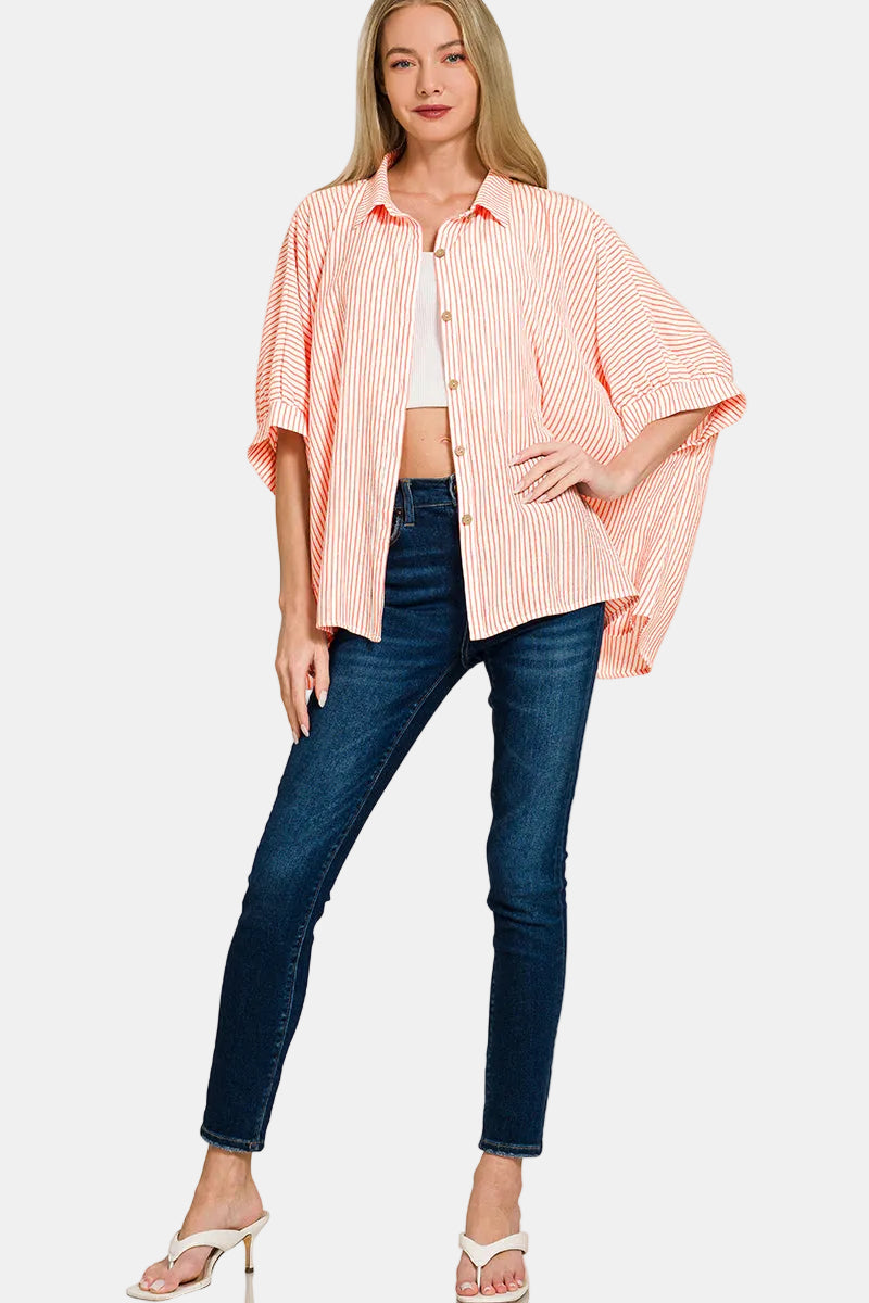 Woven Stripe Button Down Boxy Top / TAUPE