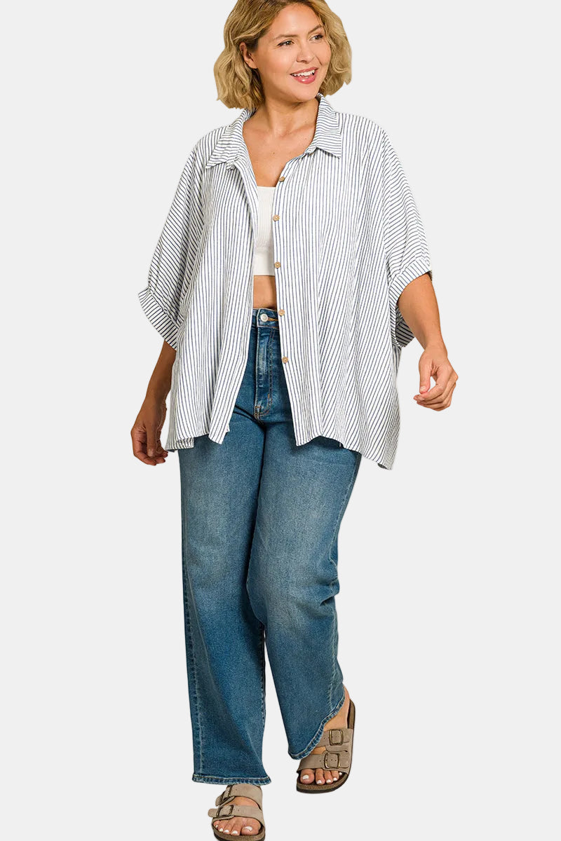 Woven Stripe Button Down Boxy Top / TAUPE