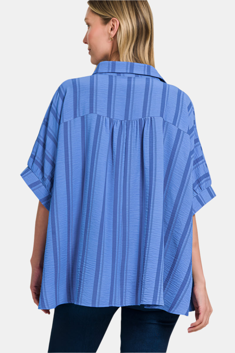 Woven Yarn-Dye Stripe Oversized Button Down Shirt / CORAL