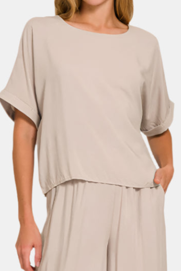 Woven Short Sleeve & Long Pants Set / ASH MOCHA