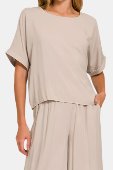 Woven Short Sleeve & Long Pants Set / ASH MOCHA