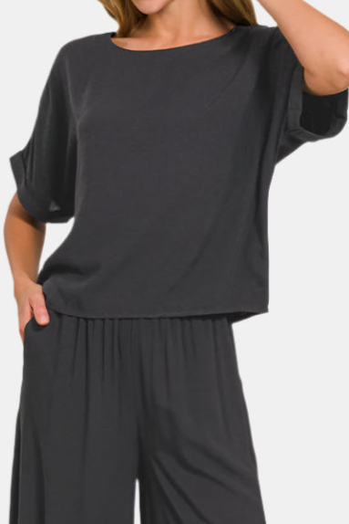 Woven Short Sleeve & Long Pants Set / BLACK