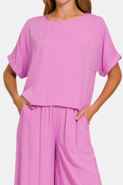 Woven Short Sleeve & Long Pants Set / BRIGHT MAUVE