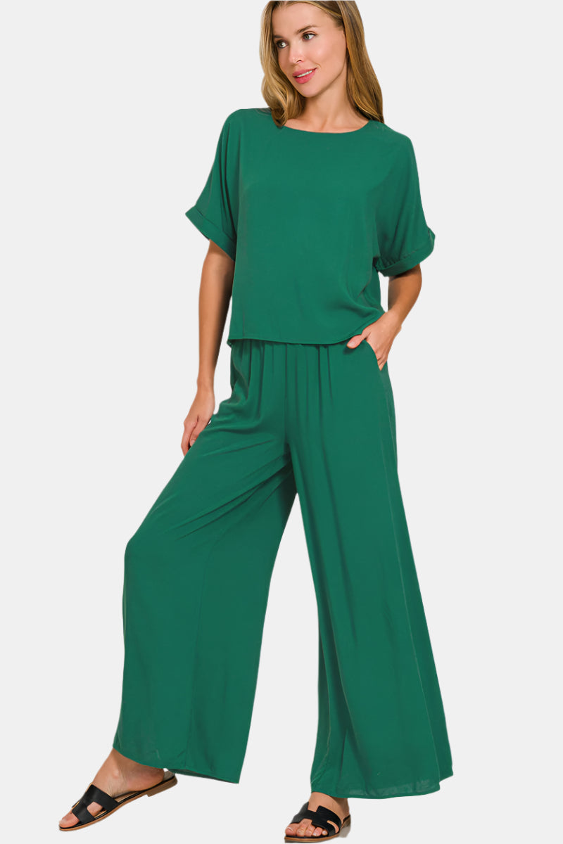 Woven Short Sleeve & Long Pants Set / DK GREEN