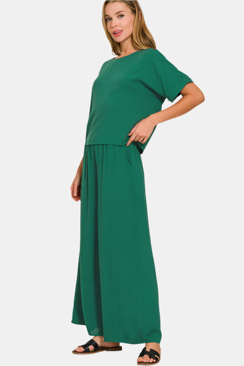 Woven Short Sleeve & Long Pants Set / DK GREEN