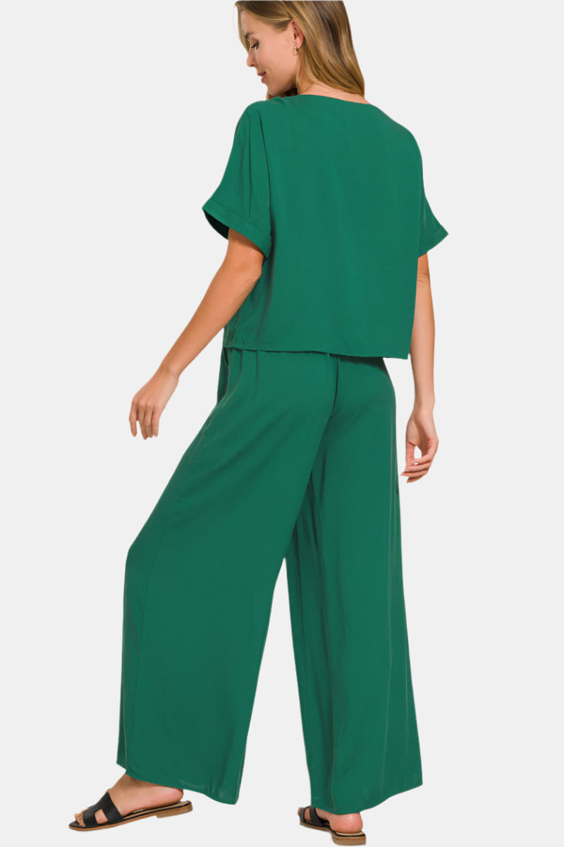 Woven Short Sleeve & Long Pants Set / DK GREEN