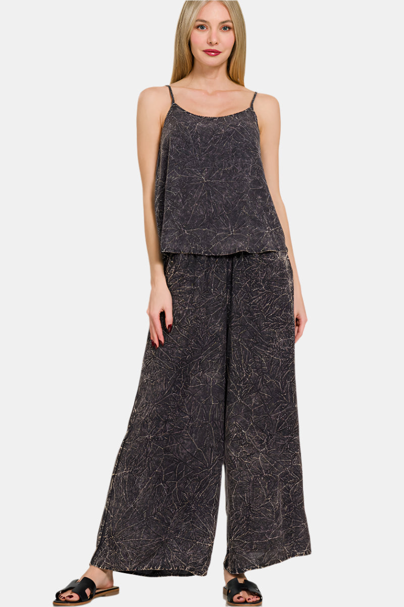 Woven Crinkle Acid Washed Cami & Pants Set / ASH BLACK