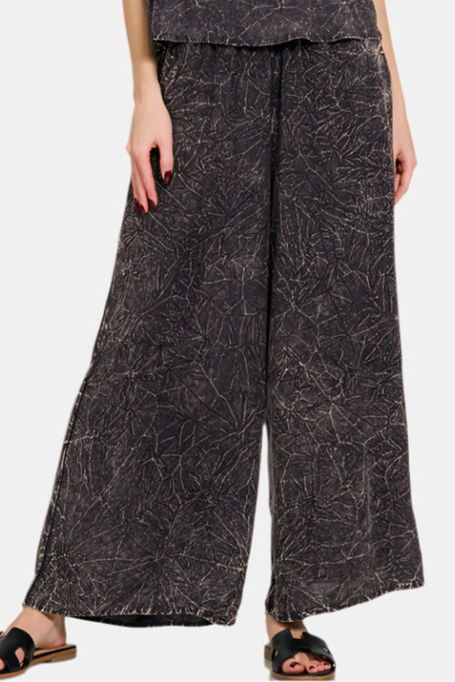 Woven Crinkle Acid Washed Cami & Pants Set / ASH BLACK