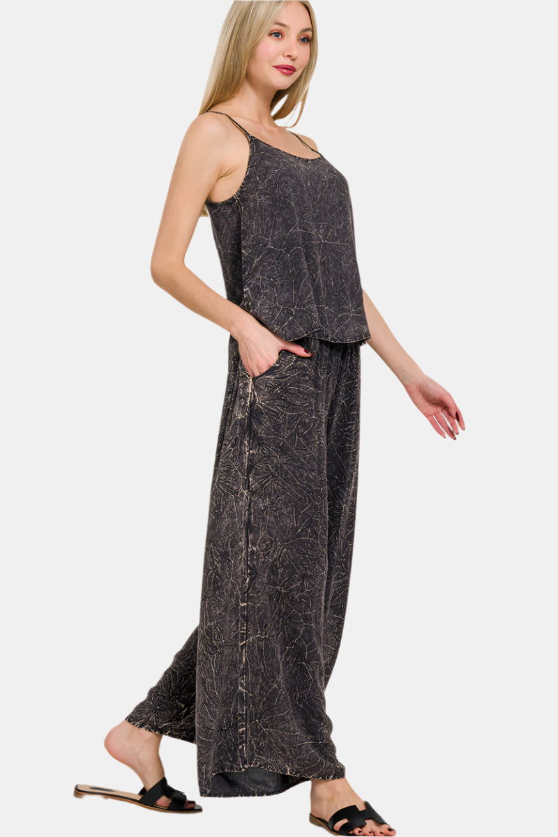 Woven Crinkle Acid Washed Cami & Pants Set / ASH BLACK