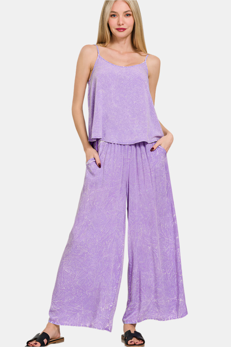 Woven Crinkle Acid Washed Cami & Pants Set / LAVENDER