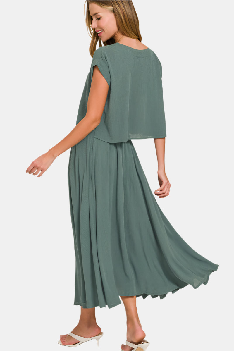 Woven Crinkle Gauze Crop Tee & Skirt Set / DUSTY BLUE