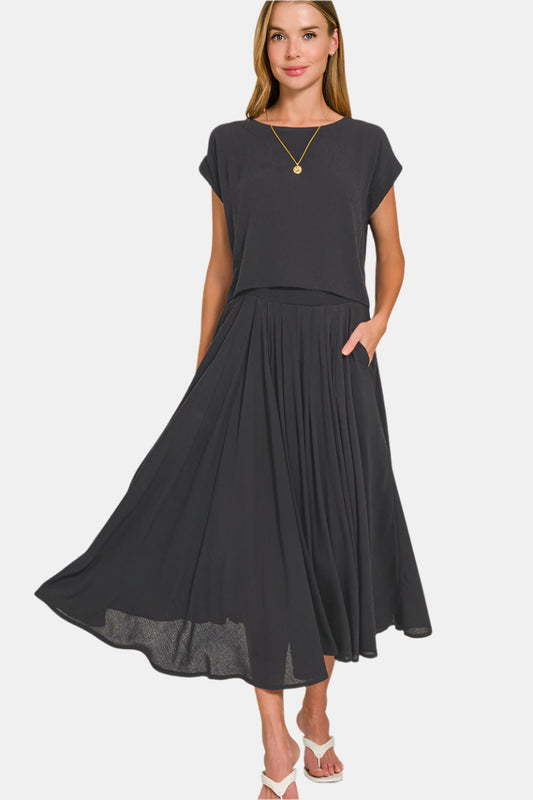 Woven Crinkle Gauze Crop Tee & Skirt Set / BLACK