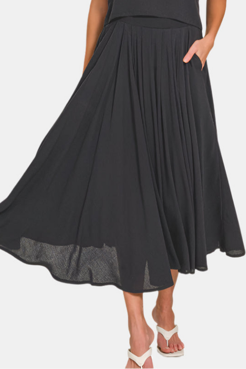 Woven Crinkle Gauze Crop Tee & Skirt Set / BLACK