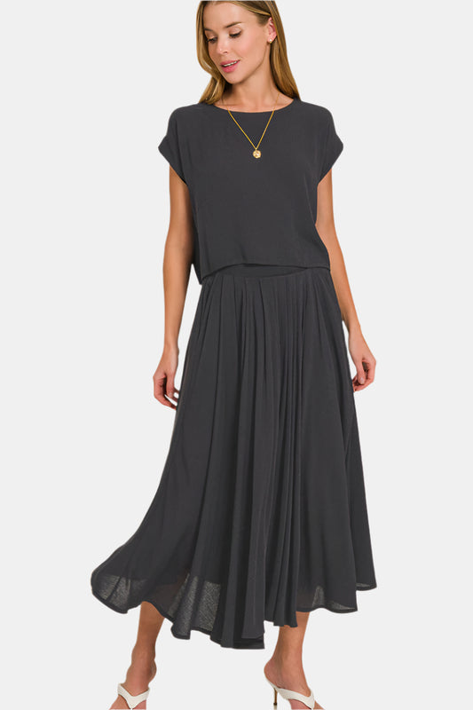 Woven Crinkle Gauze Crop Tee & Skirt Set / BLACK