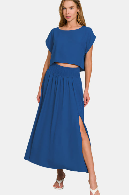 Heavy Woven Span Crop Tee & Skirt Set / LT NAVY