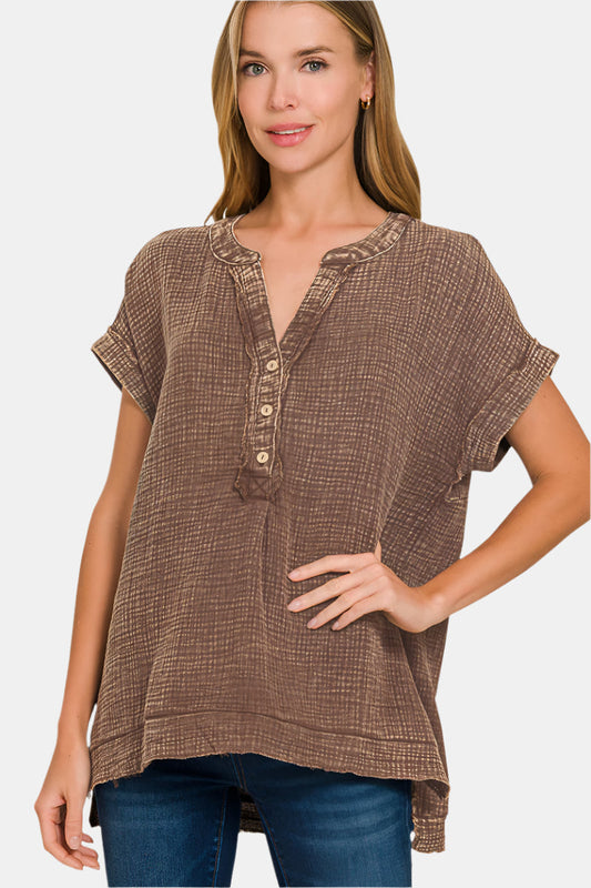 Washed Double Gauze 3/4 Button Henley Neck Shirt / BROWN