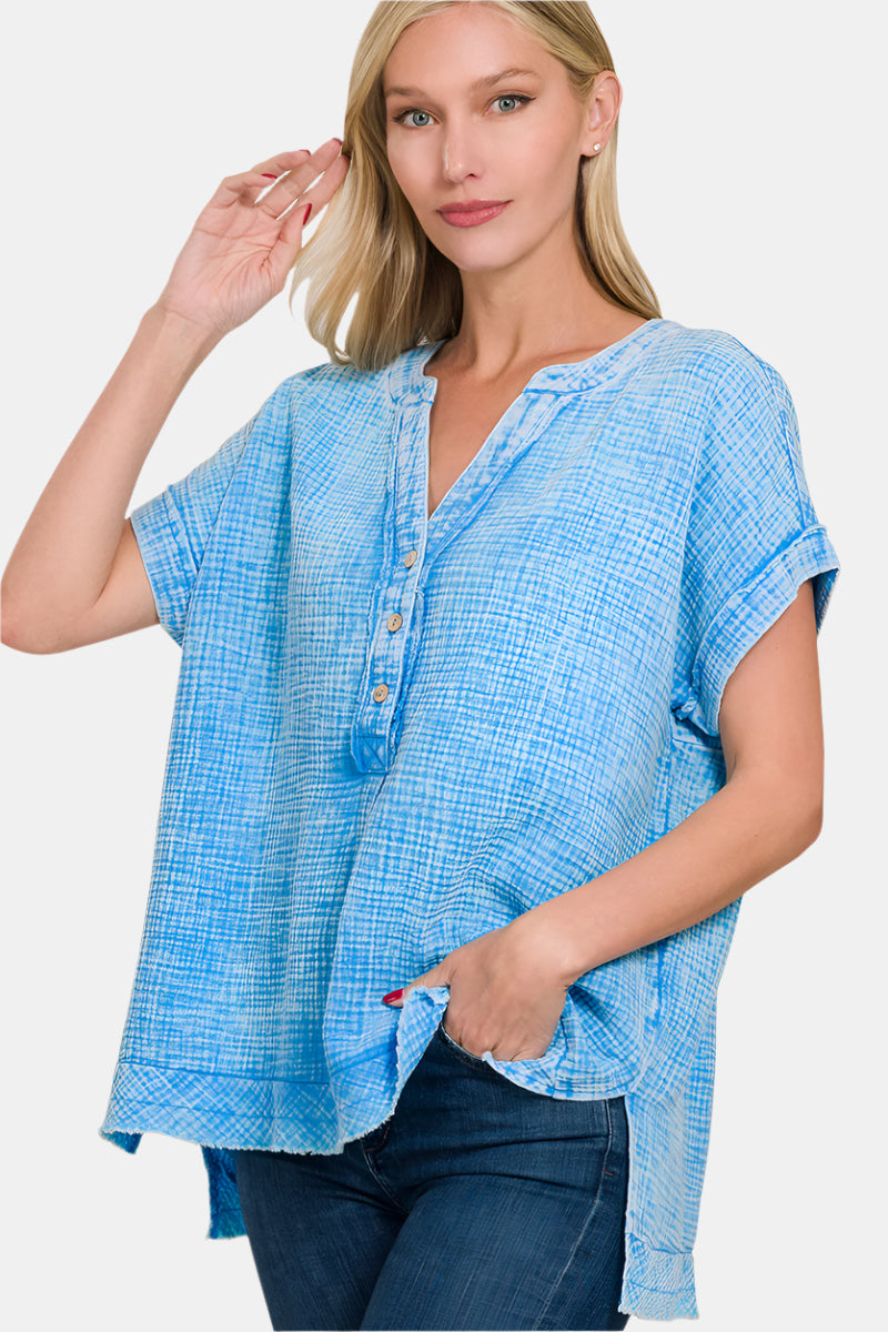 Washed Double Gauze 3/4 Button Henley Neck Shirt / DEEP SKY