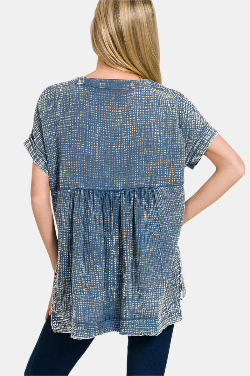 Washed Double Gauze 3/4 Button Henley Neck Shirt / LT TEAL