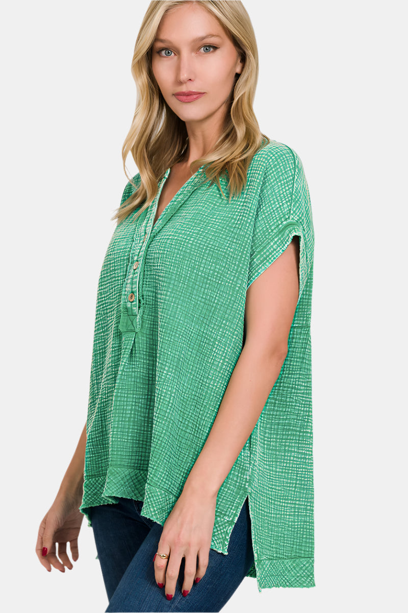 Washed Double Gauze 3/4 Button Henley Neck Shirt / K GREEN
