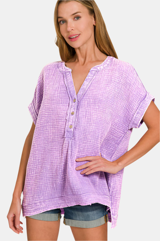 Washed Double Gauze 3/4 Button Henley Neck Shirt / LAVENDER