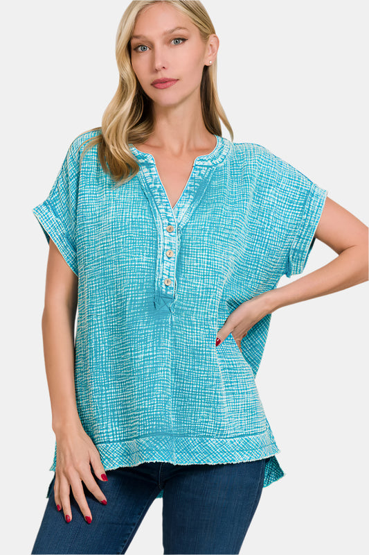Washed Double Gauze 3/4 Button Henley Neck Shirt / LT TEAL