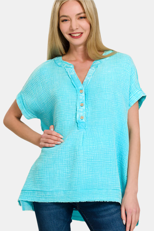 Washed Double Gauze 3/4 Button Henley Neck Shirt / MINT SKY