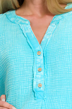 Washed Double Gauze 3/4 Button Henley Neck Shirt / MINT SKY