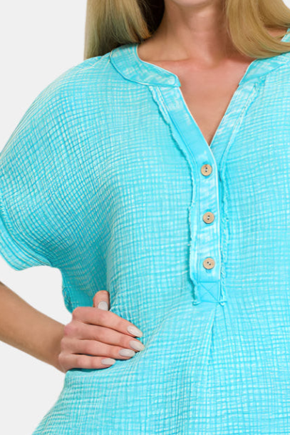 Washed Double Gauze 3/4 Button Henley Neck Shirt / MINT SKY