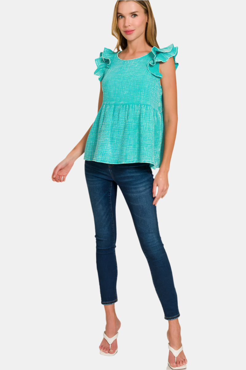 Double Gauze Acid Washed Tiered Ruffle Peplum Top / TURQUOISE