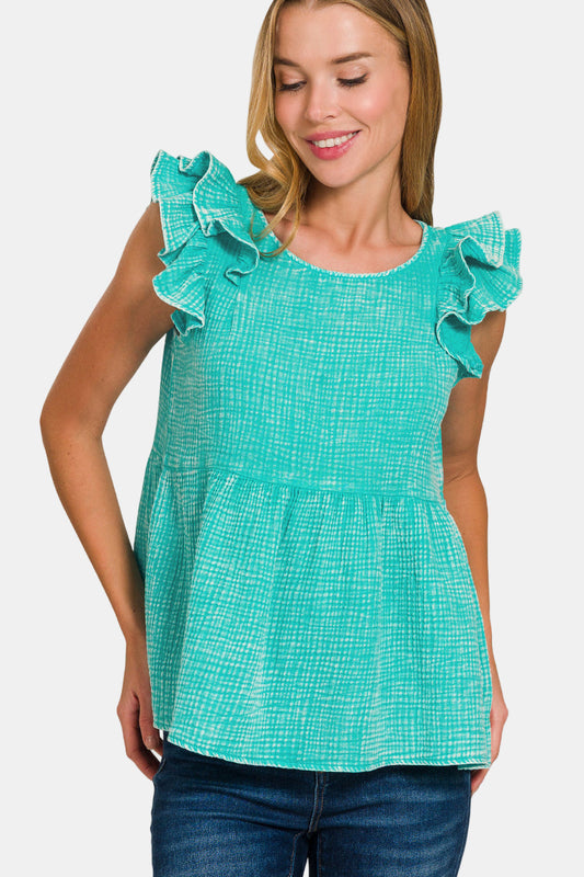 Double Gauze Acid Washed Tiered Ruffle Peplum Top / TURQUOISE