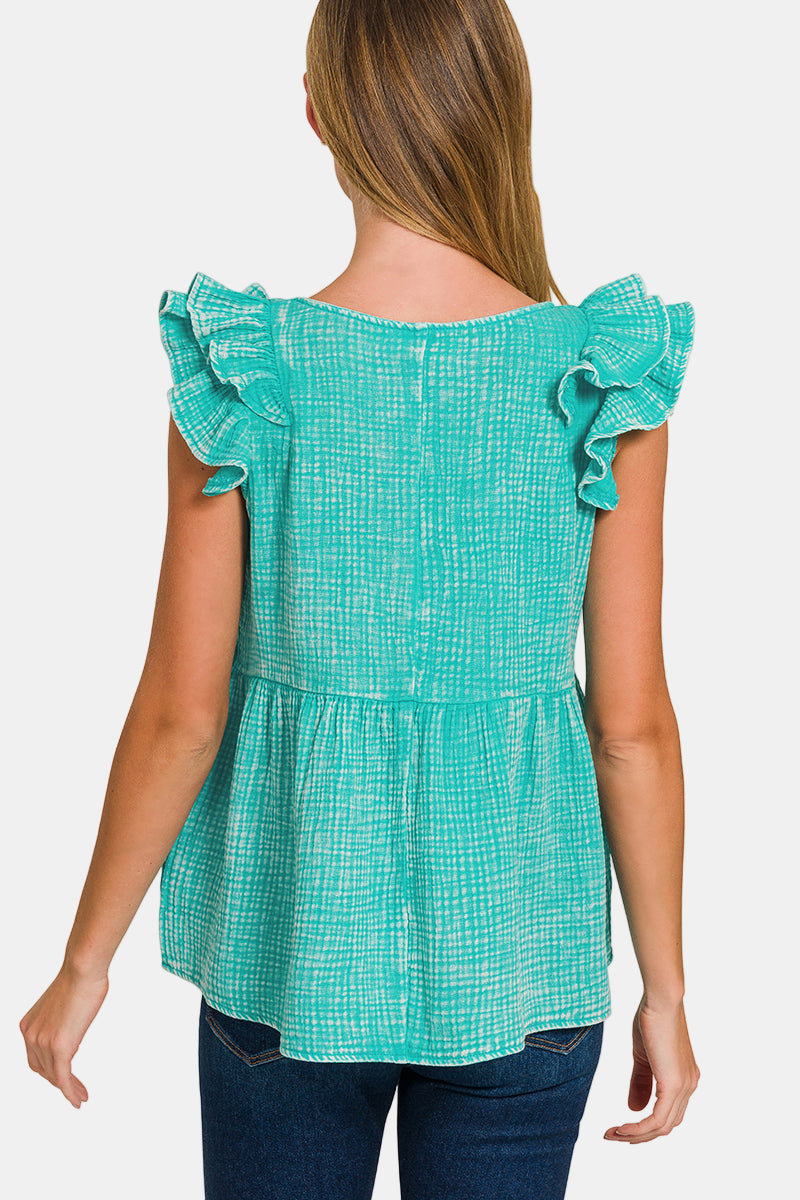 Double Gauze Acid Washed Tiered Ruffle Peplum Top / TURQUOISE