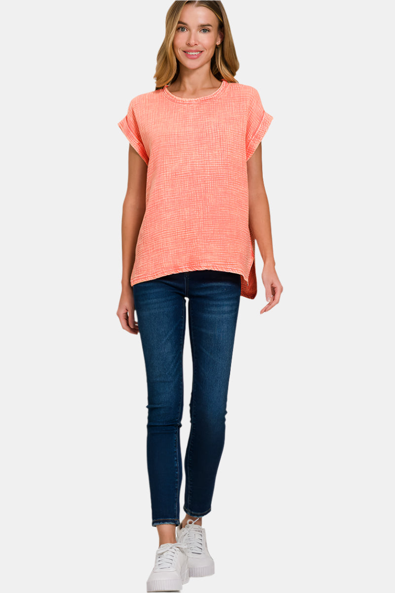 Woven Double Gauze Acid Washed Short Sleeve Top / CORAL