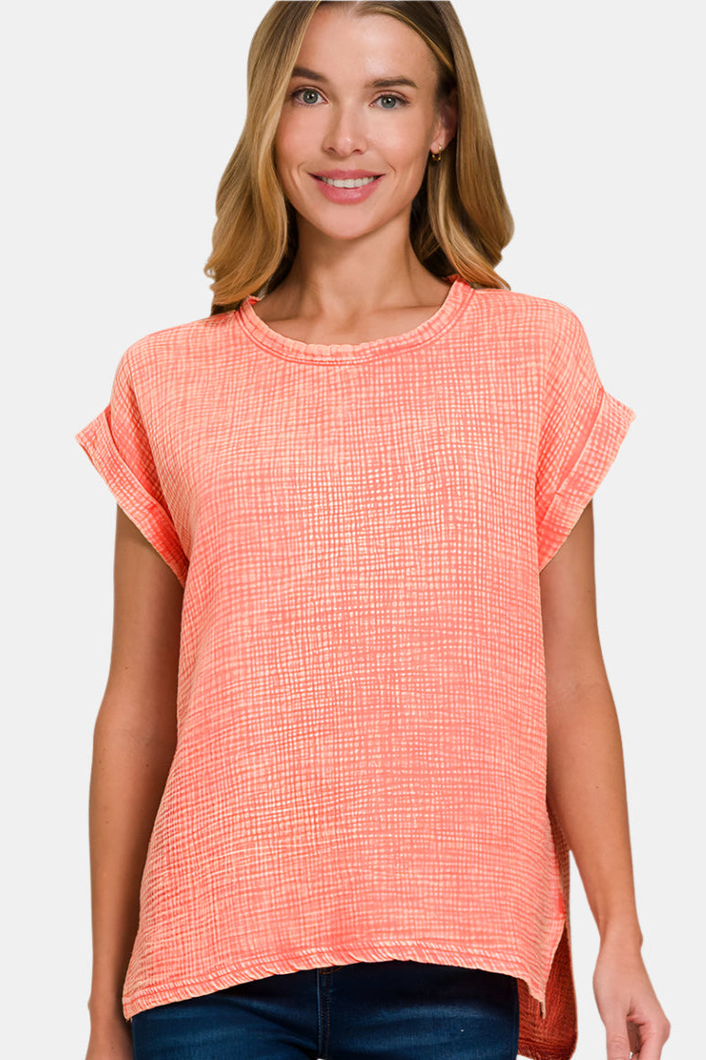 Woven Double Gauze Acid Washed Short Sleeve Top / CORAL