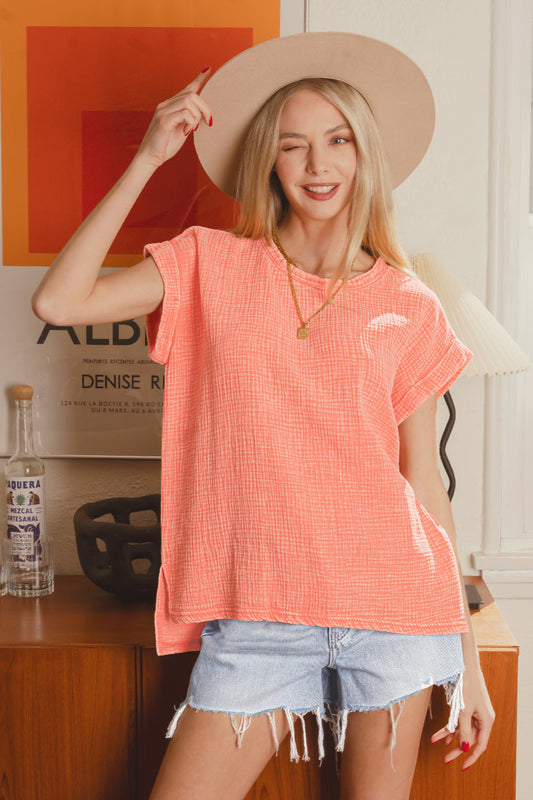Woven Double Gauze Acid Washed Short Sleeve Top / CORAL