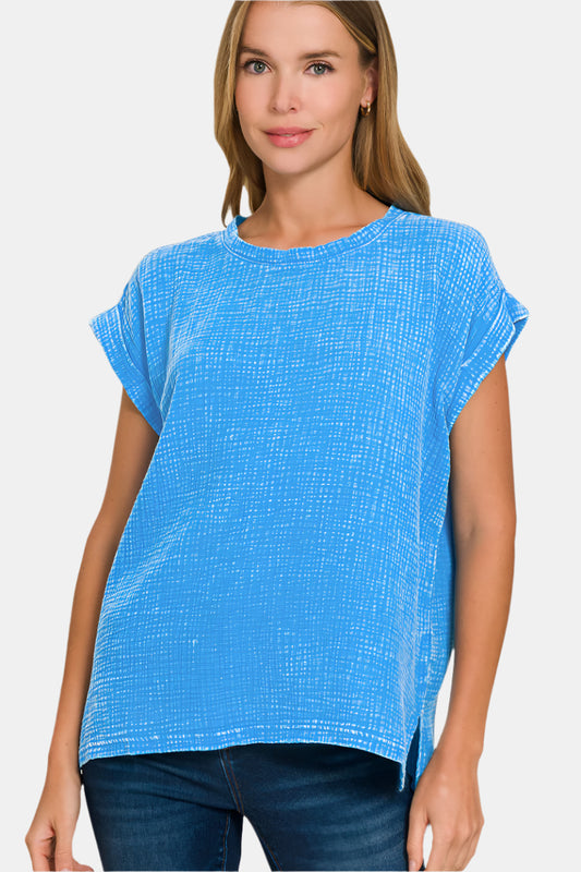 Woven Double Gauze Acid Washed Short Sleeve Top / DEEP SKY