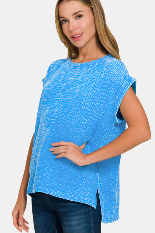 Woven Double Gauze Acid Washed Short Sleeve Top / DEEP SKY