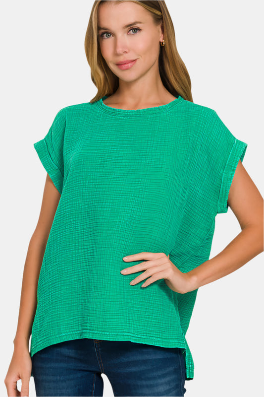 Woven Double Gauze Acid Washed Short Sleeve Top / K GREEN
