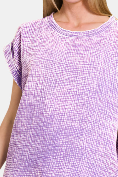 Woven Double Gauze Acid Washed Short Sleeve Top / LAVENDER