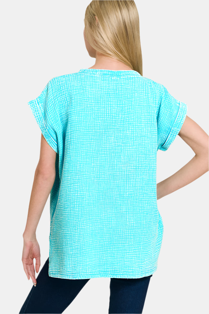 Woven Double Gauze Acid Washed Short Sleeve Top / LAVENDER